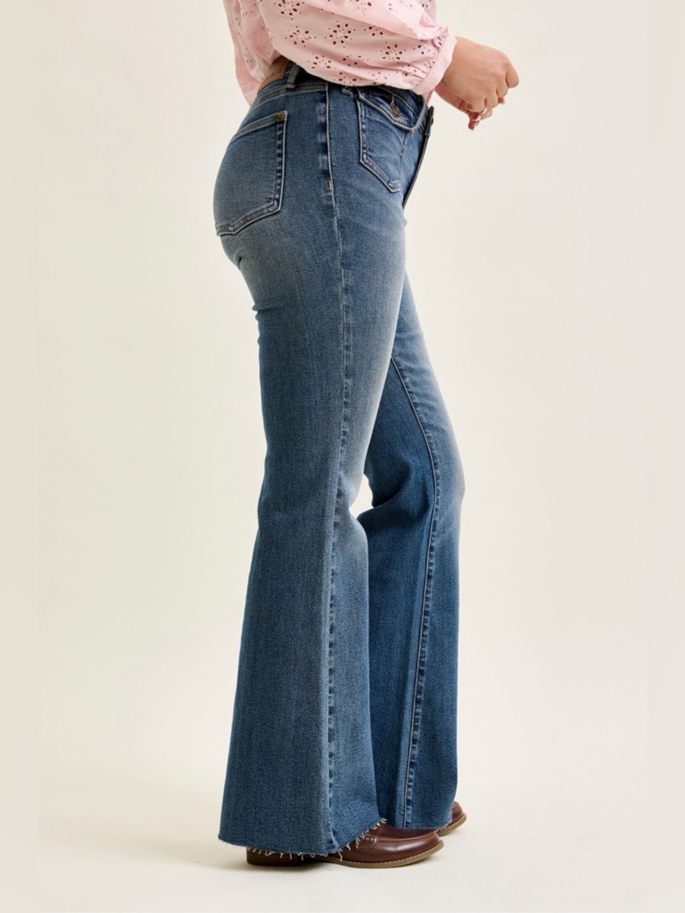 Judy Blue Mid Rise Flare Jeans with Front Flap Pockets - Picture 2 of 6